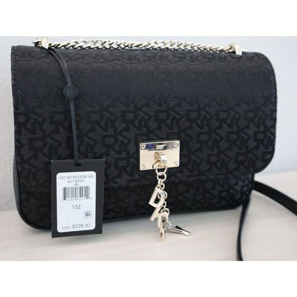 DKNY R313FE83 Women's Black Cleo Jacquard Print Chain Strap Shoulder Bag - Picture 1 of 16